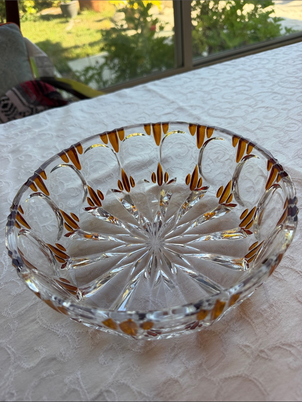 8.25” Vintage German Crystal Decorative Bowl with Amber Accents - Picture 3 of 11